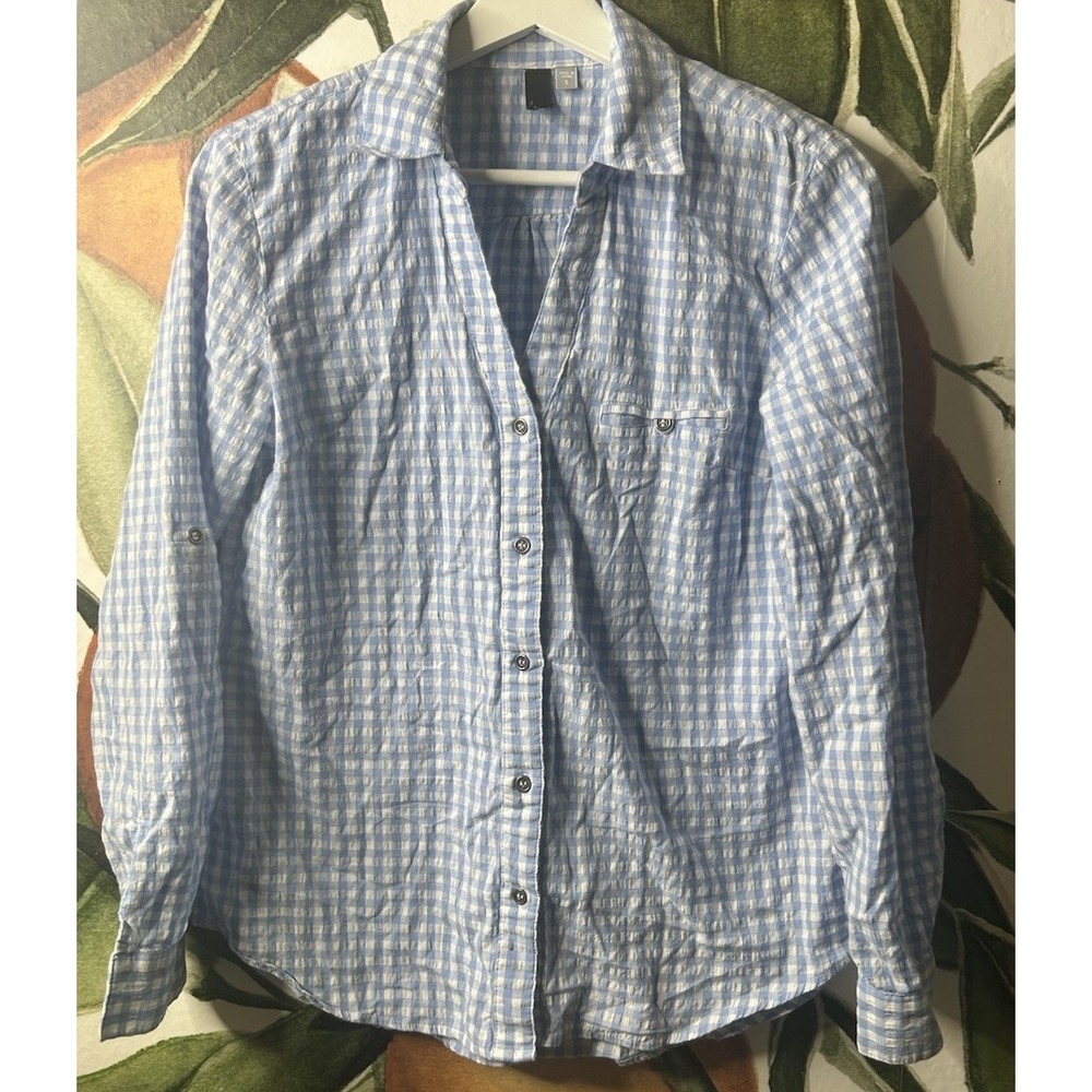 Kut from the Cloth Small Blue Gingham Plaid Button Down Tab Sleeves Shirt Casual